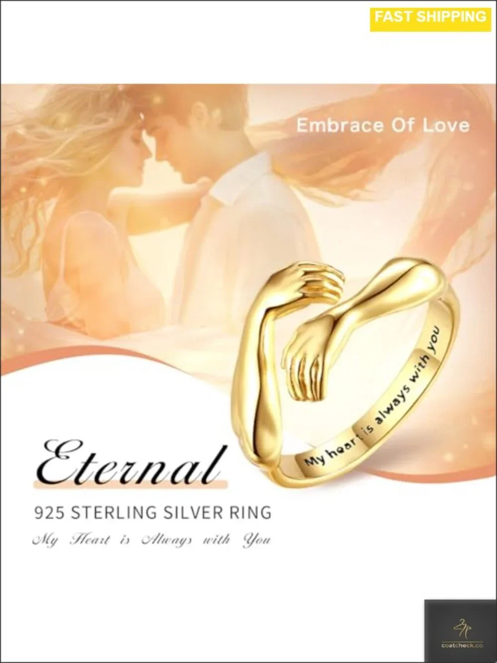 S925 Sterling Silver 18K Gold-Plated Adjustable Hug Ring Open Band